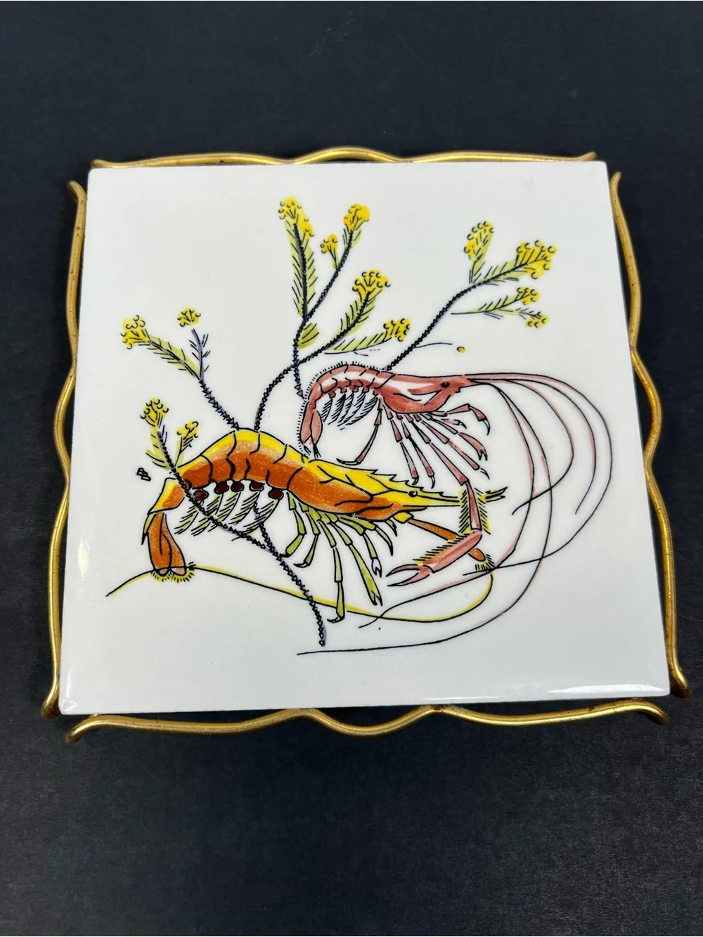 Vintage Gien France Grands Crustaces Lobster Ceramic Tile Trivet Gold Tone Frame